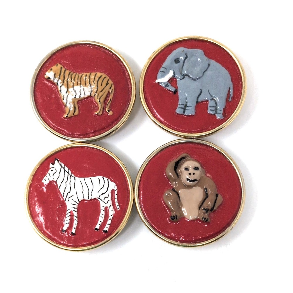 VTG 80s Safari Animal Button Covers Set of 4 Red Enamel Gold Tone Elephant Zebra